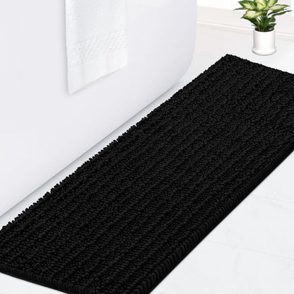 Upgrade Luxury Black Bathroom Rug Mat, 17"x47.5", Ultra Soft Thick Absorbent Non-Slip Chenille