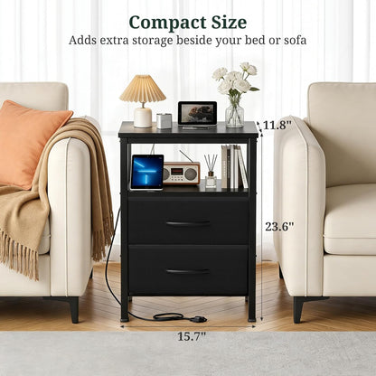 2 Nightstand with Charging Station, Bedside Table with USB Ports & Outlets, Small Dresser End Table with Fabric Drawer