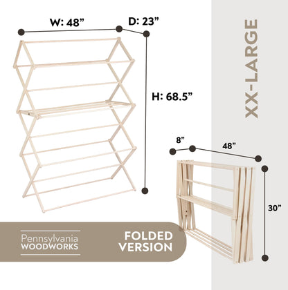 Pennsylvania Woodworks Clothes Drying Rack: Solid Maple Hard Wood Laundry Rack for Blankets, Towels, Bedding & More, Heavy Duty Folding Drying Rack, Made in USA, No Assembly Needed, XXLarge