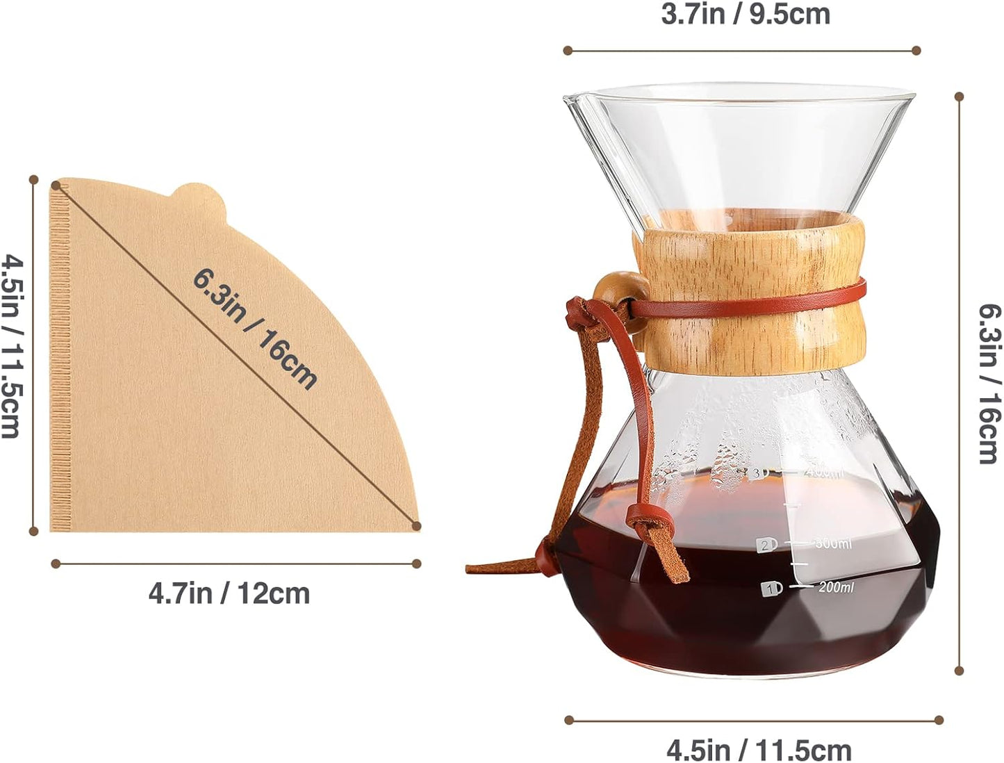 Puricon Pour Over Coffee Maker with Paper Filter, 40 Sheets, 15oz Coffee Dripper Set, Borosilicate Glass Coffee Carafe