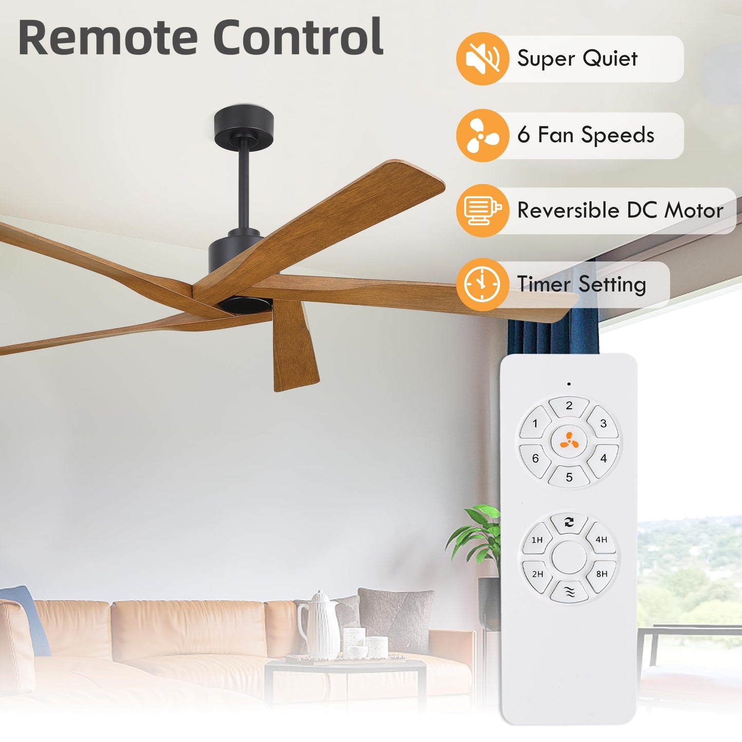 WINGBO 64" ABS DC Ceiling Fan No Light, 5 Blade ABS Plastic Ceiling Fan with Remote, 6-Speed Reversible DC Motor, Ceiling Fans without Light for Kitchen Bedroom Living Room, Matte Black and Walnut
