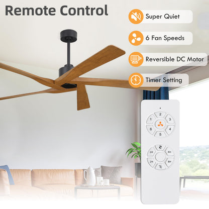 WINGBO 64" ABS DC Ceiling Fan No Light, 5 Blade ABS Plastic Ceiling Fan with Remote, 6-Speed Reversible DC Motor, Ceiling Fans without Light for Kitchen Bedroom Living Room, Matte Black and Walnut