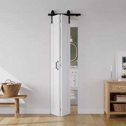 Bifold Barn Door 24" x 84", MDF Bi-Fold Sliding Closet Doors with Hardware Kit Included, Pre-Finished Easy Assembly, Water-Proof PVC Surface & Save Space, H-Frame, 28" Track for 2 Doors,White