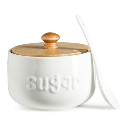 LYEOBOH Sugar Bowl with Lid and Spoon,17 OZ Sugar Jar, Ceramic Jar with Lid, Sugar Container for Coffee Bar, Sugar Bowls for Countertop, Azucarera for Farmhouse Home and Kitchen, White
