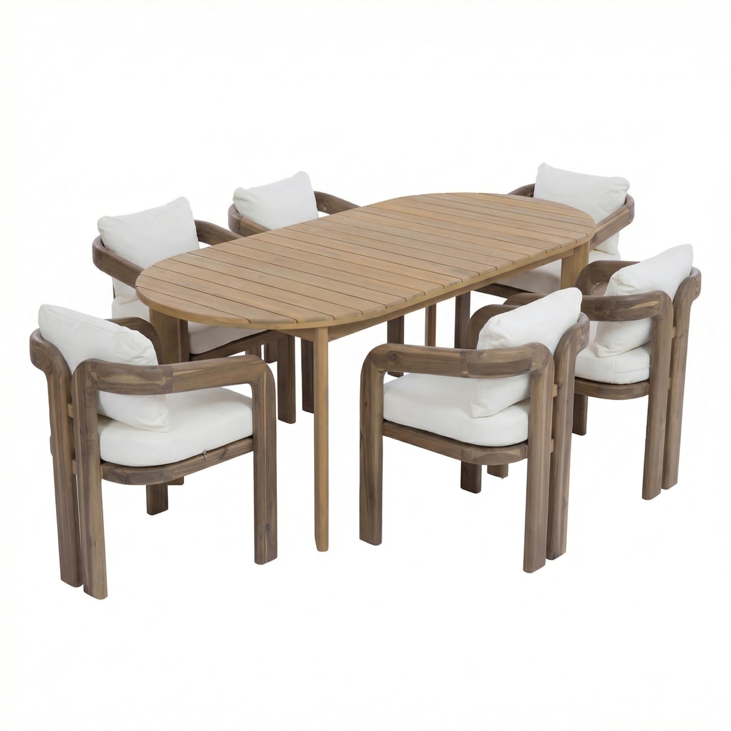 Merax Patio Outdoor Acacia Wood 7 Piece Dinning Set- 70 Inch Large Oval Outdoor Dining Table, 6 Pcs Dining Chairs with Coushions for Backyard, Lawn, Balcony, Light Teak + Natural
