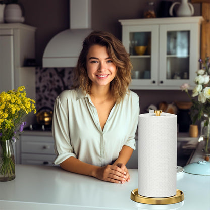 Paper Towel Holder Countertop, Gold Kitchen Accessories Decor, Stainless Steel, Weighted Base, Gold, Paper Towel Roll Holder Stand with Ratchet Mechanism for Kitchen Bathroom Farmhouse Essentials