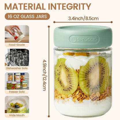 Spreccio 6 Pack 16oz Glass Jars with Lids, Overnight Oats Containers with Lids, Yogurt Jars for Chia Pudding Salad Cereal Coffee Seed Kimchi Jam Spices