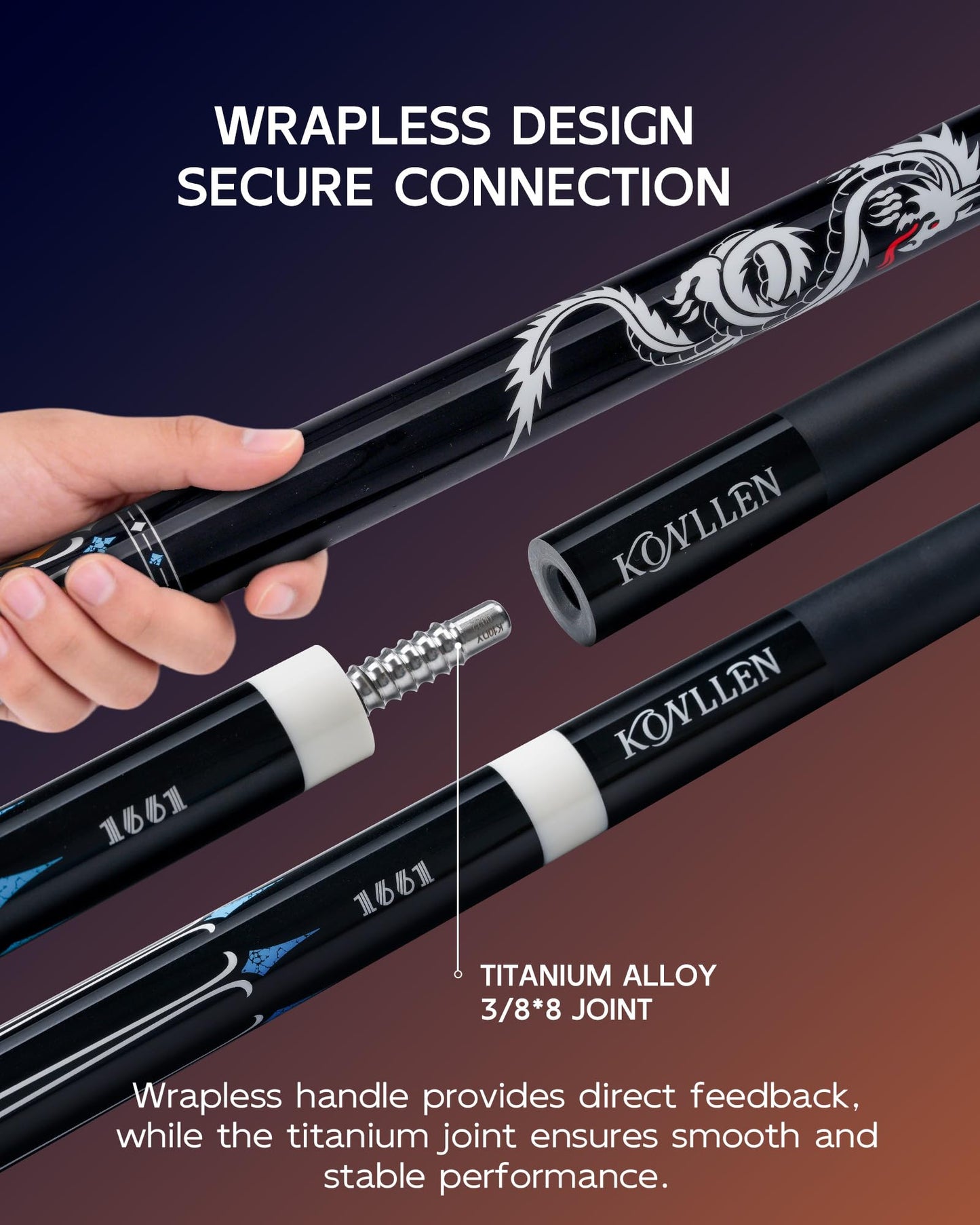 KONLLEN Carbon Fiber Pool Cue 2.0, 58-inch Low Deflection Billiard Stick for Adults with 12.5mm Tip and Pro Taper