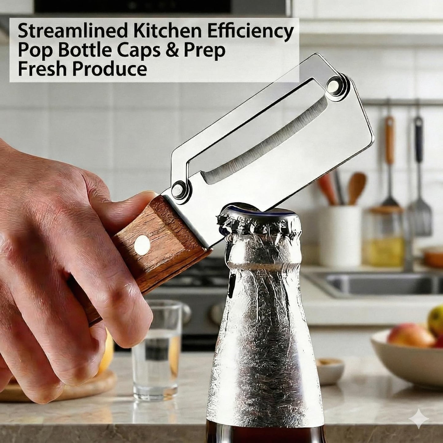 Multifunctional Vegetable Peeler with Wooden Handle, 2-in-1 Stainless Steel Vegetable Peeler with Built-in Bottle Opener for Kitchen, Hand Held Peeler Slicer Kitchen Tool for Fruit and Vegetable