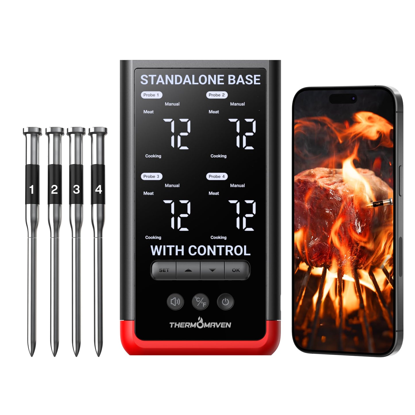 ThermoMaven Smart Bluetooth Wireless Meat Thermometer: Standalone Base, WiFi Unlimited Range, 6 Sensors with NIST Certified Accuracy, 4 Probes for Kitchen, BBQ, Grill, Oven, Smoker, Rotisserie