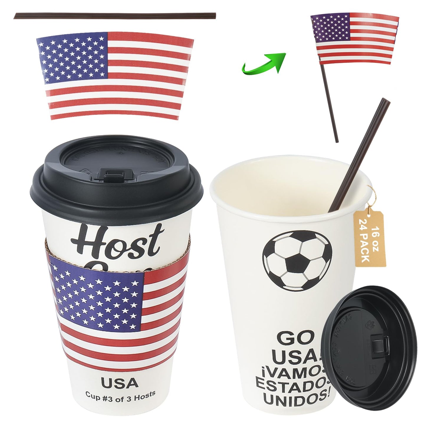 16 oz White Disposable Soccer Party Paper Cups USA (World Host #3) 24 Sets, To-Go Cups with Straws Lids Sleeves for Cold Drink/Hot Beverage, Compostable Water-Based Coating, Soccer Theme Supplies