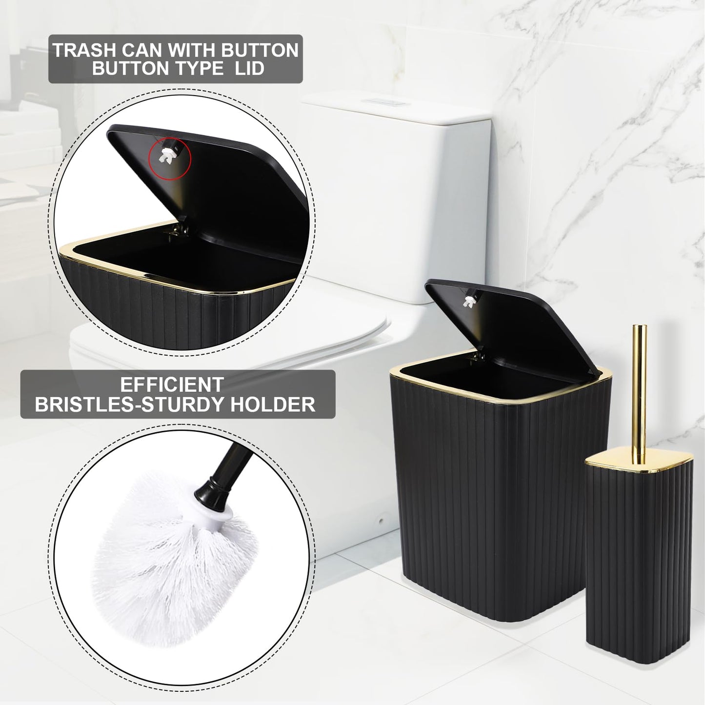 XLHOMO Bathroom Accessories Set - Gorgeous Black Bathroom Set, 10PC Bathroom Accessory Set, Toilet Brush, Trash Can, Qtip Holder & Soap Dispenser