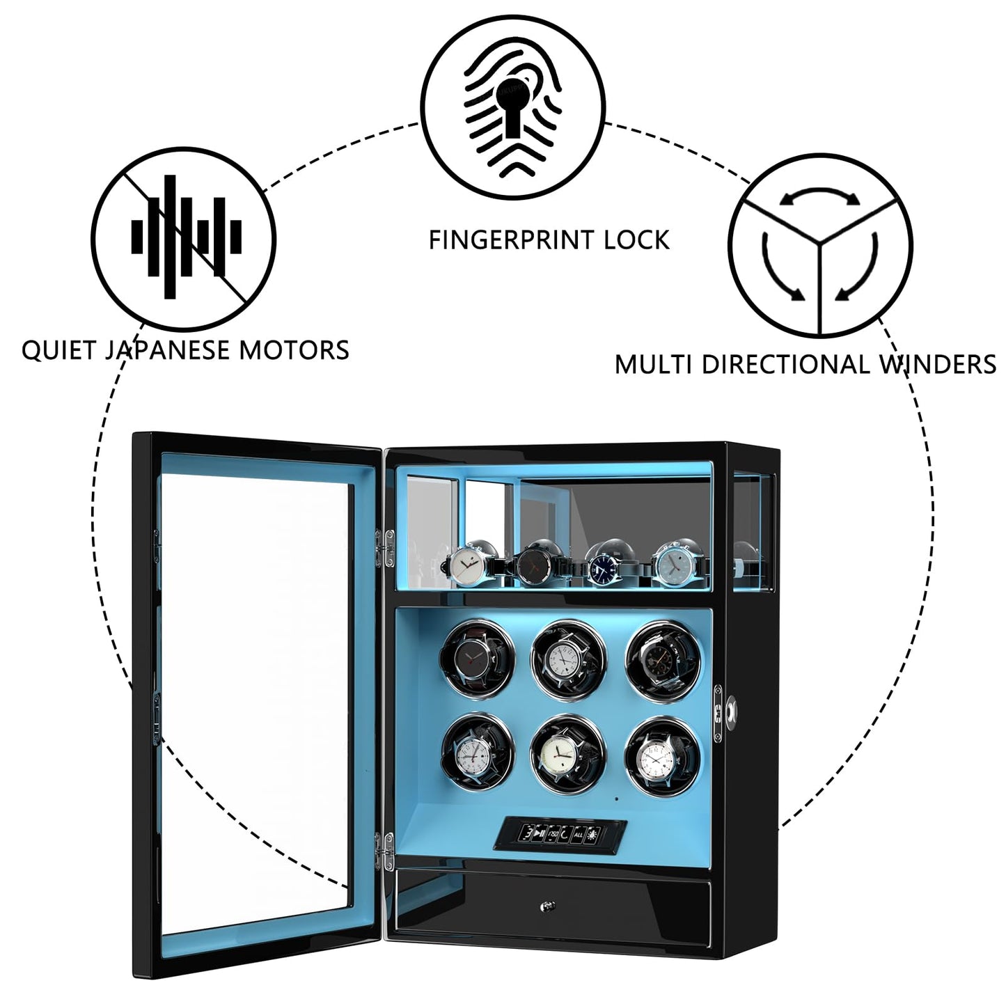 DUKWIN Watch Winder, Fingerprint Lock Automatic Watch Winder for 6 Watches with 4 Holders,300-2300 TPD,Digital Display, Remote Control,Jewelry Storage and Adjustable Watch Pillow and LED Light,Blue