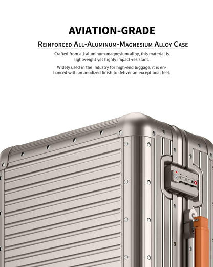 Varyleap All Aluminum Checked in Luggage, Zipperless Aluminum Suitcase, Hard Shell Carry On Luggage with TSA Lock, Spare Wheels for Travel. (Titanium Gold, 24in)