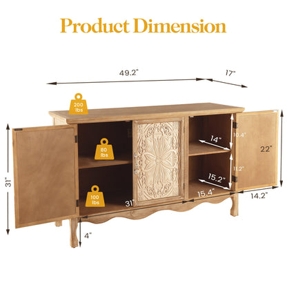 RoyalCraft Farmhouse Sideboard Buffet Cabinet with Storage, 49" Solid Wood Credenza Buffet Table Coffee Bar Wine Bar Storage Cabinet with 3 Doors for Dining Room Living Room Hallway, (Provence Grain)