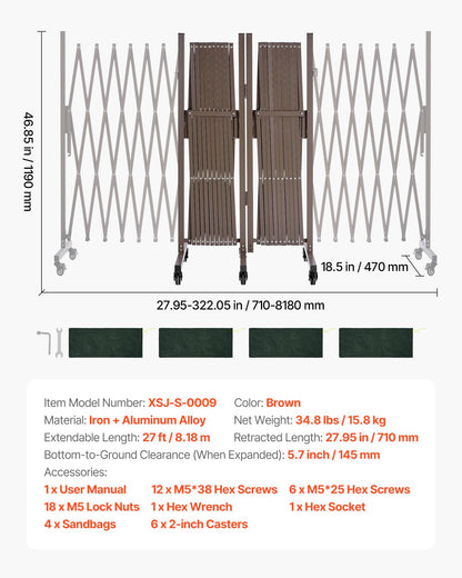 VEVOR Double Expandable Barricades, 27FT Expandable Safety Barrier, 0-180° Rotatable Mobile Barricade with Locking Casters, Portable Folding Security Gate Traffic Fence for Patio Garden Stairway