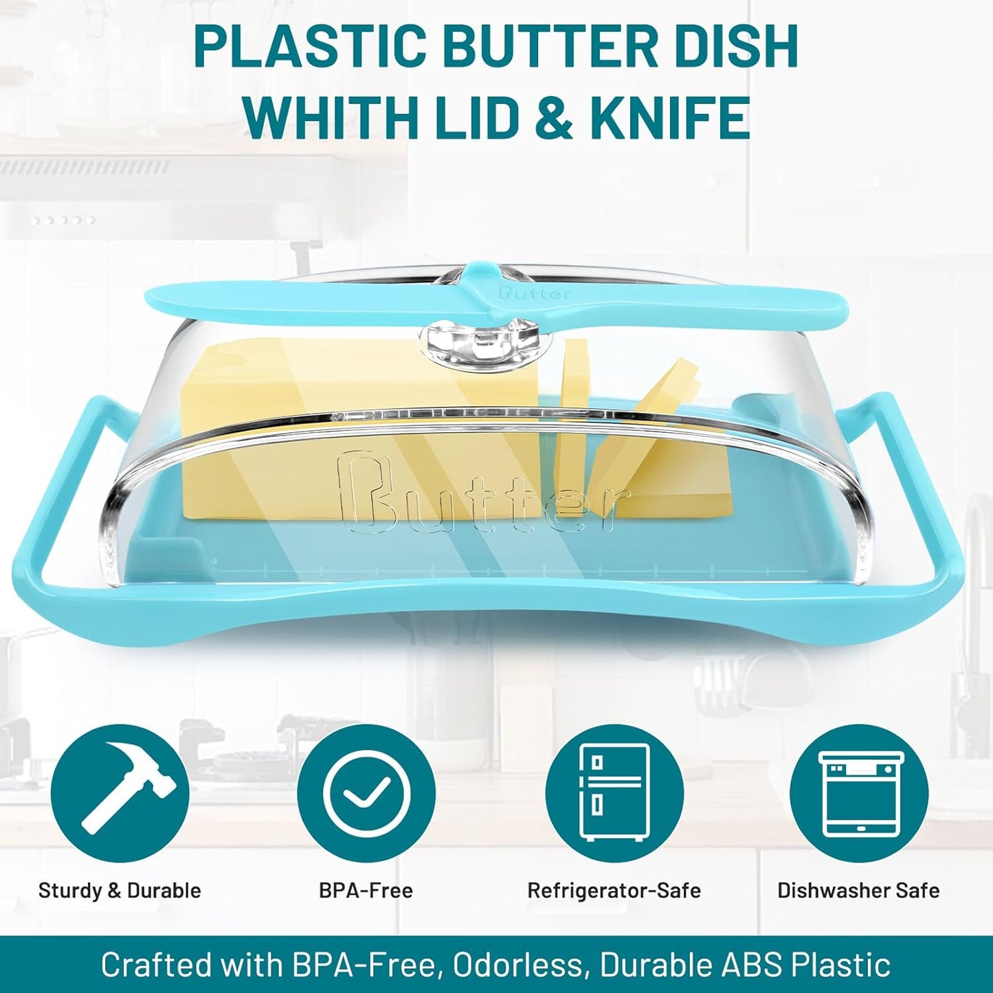 Butter Dish with Lid and Knife, Plastic Butter Keeper for Countertop, BPA-Free, Easy Scoop, Dishwasher Safe, Blue