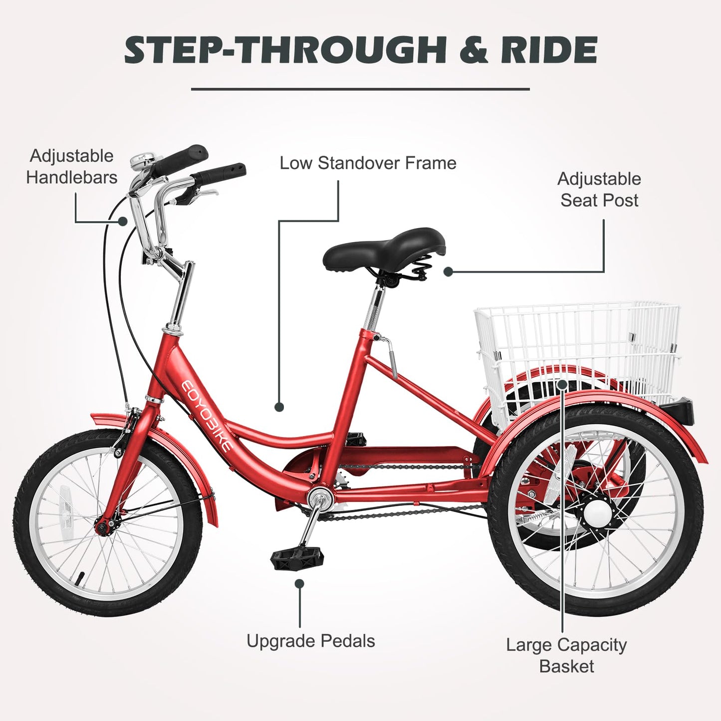 H&ZT Adult Tricycle, 3 Wheeled Bike, Trike Cruiser Bike, with 7-Speed Gear, Parking Brake Handle, Low Step, Large Rear Basket, Elderly Friendly, for Men, Women, and Teens