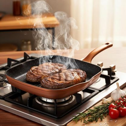 QUANSHANGJU Nonstick Grill Pan for Stove Tops, 11 Inch Versatile Griddle Pan with Pour Spouts,Square Grill Pan for Indoor Cooking Surface, Durable Grill Skillet for Indoor & Outdoor Grilling.PFOA Free