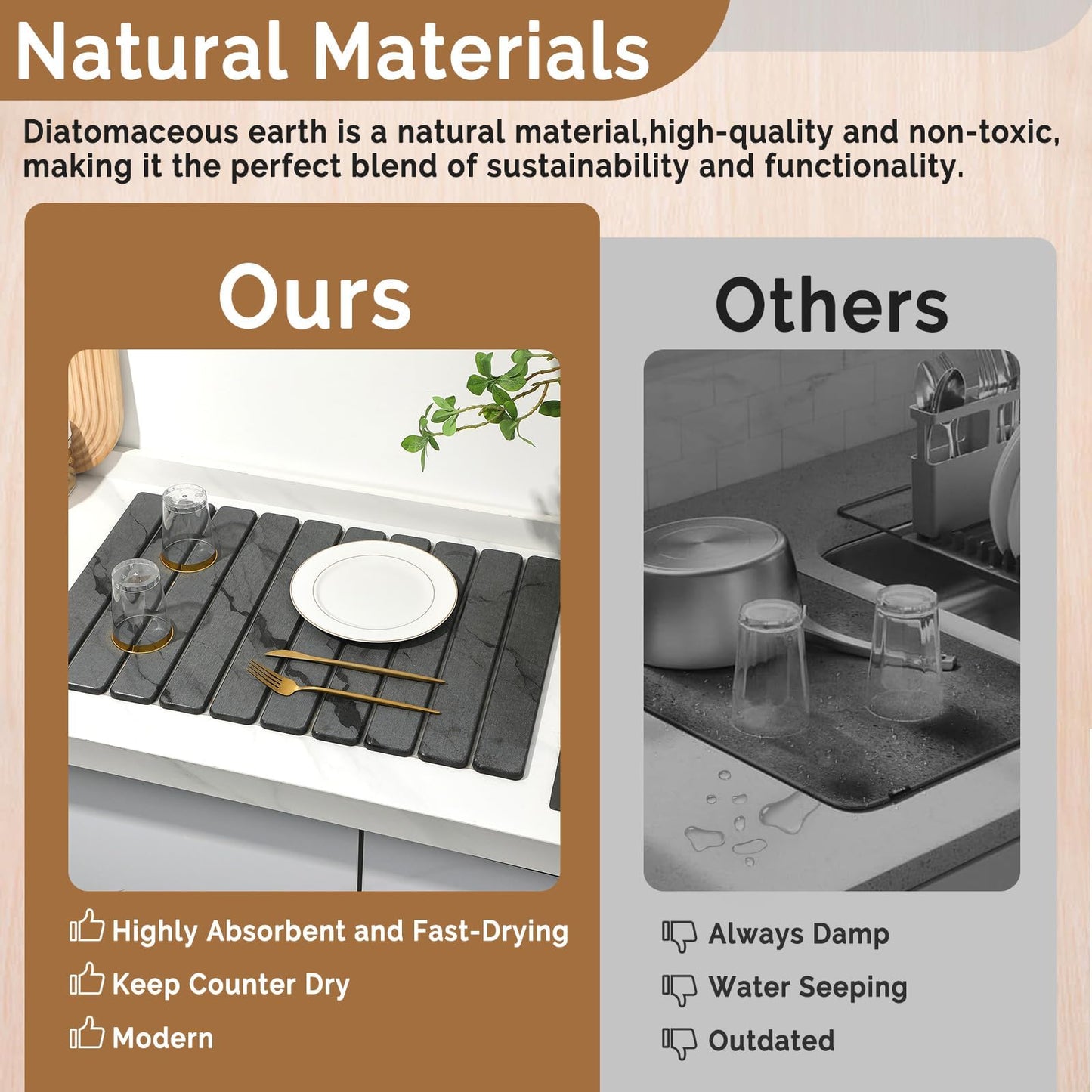 Large Stone Dish Drying Mat for Kitchen Counter, Quick Dry Stone Dishes Mats,Foldable Water Absorbing Diatomaceous Earth Drying Organizer Pad for Plate Rack Bottles Utensils(Dark Gray 24"×16" & 8"x4")