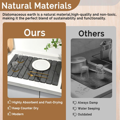 Large Stone Dish Drying Mat for Kitchen Counter, Quick Dry Stone Dishes Mats,Foldable Water Absorbing Diatomaceous Earth Drying Organizer Pad for Plate Rack Bottles Utensils(Dark Gray 24"×16" & 8"x4")