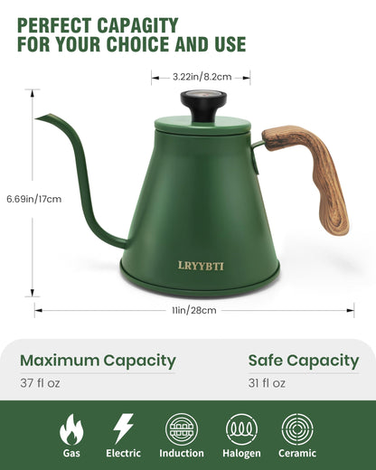 LRYYBTI Gooseneck Kettle Stovetop with Thermometer for Durable 3-Layer Base，Pour Over Kettle Stainless Steel Tea Kettle Compatible with all Stove Tops (Green, 37 fl oz)