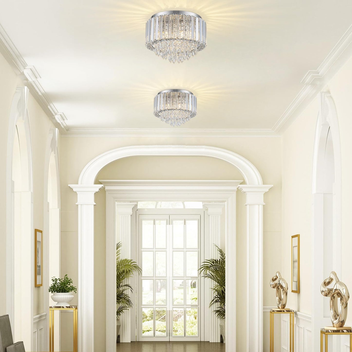 HOPGGIE 11.8 Inch Crystal Chandelier Modern Chandelier Light Mini Chandelier Semi Flush Mount Ceiling Light Fixture Small Chandelier for Bedroom Hallway Kitchen Foyer Closet (Chrome)