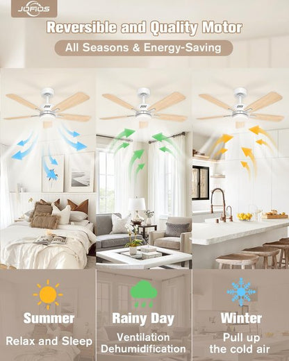 JOFIOS Ceiling Fans with Lights and Remote,52 inch Ceiling Fan with Adjustable Color Temperature,Dimmable 6-speeds Noiseless Revisible DC Motor for Bedroom, Kitchen, Living Room（White）