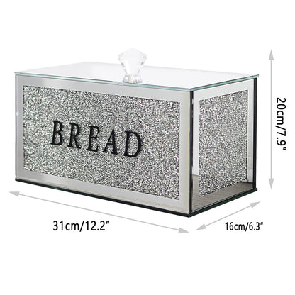HMRCYTE Large Crystal Glass Bread Container Box with Lid, 12.2" L x 6.3" W x 7.9" H Silver Homemade Bread Storage, Crushed Diamond Home Decor, Keep Bread Fresh Clean, Bread Bin for Kitchen Countertop