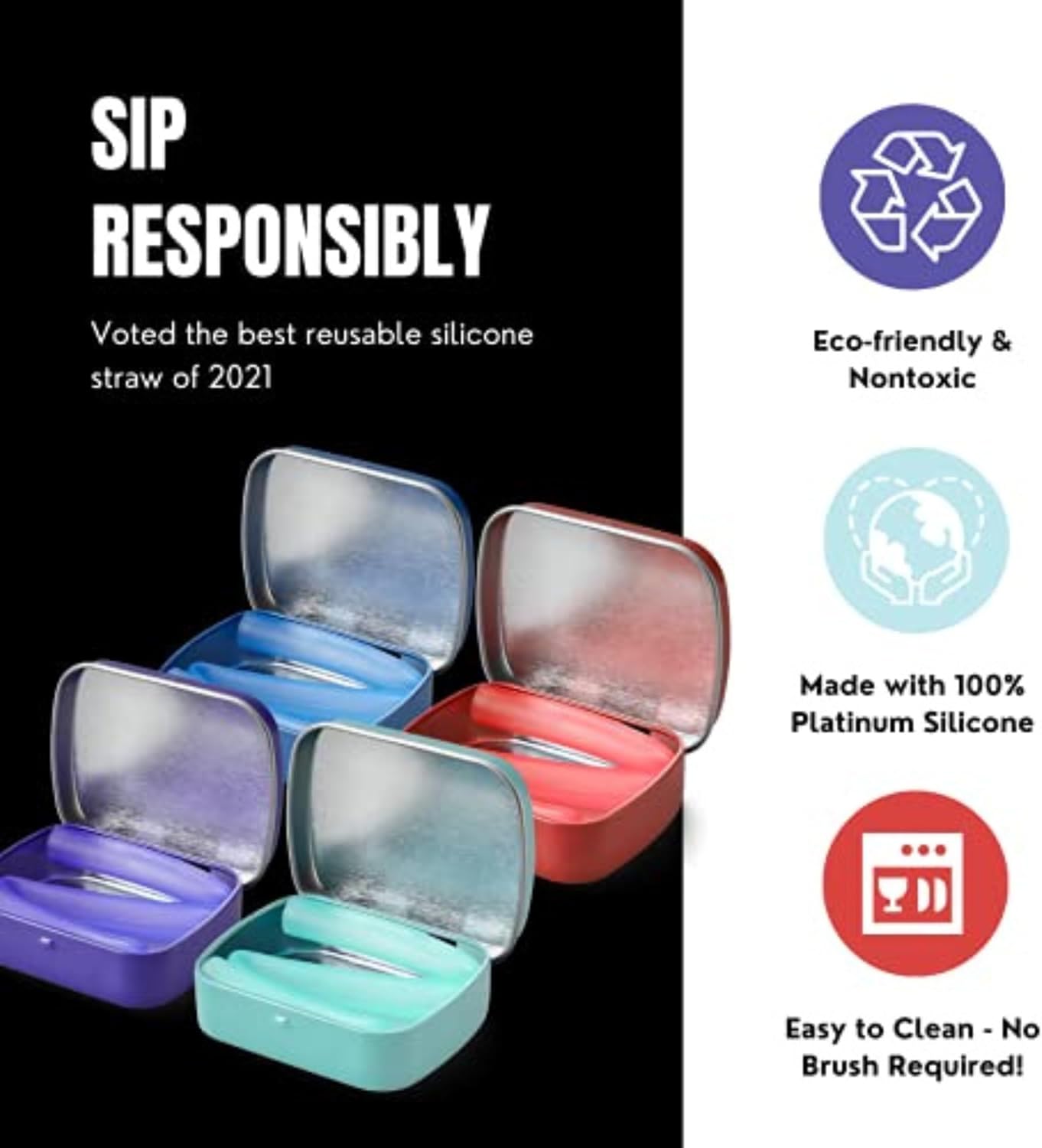 GoSili 4 Pack Reusable Silicone Straws with Case, Flexible, Collapsible, Dishwasher Safe, No-brush Needed