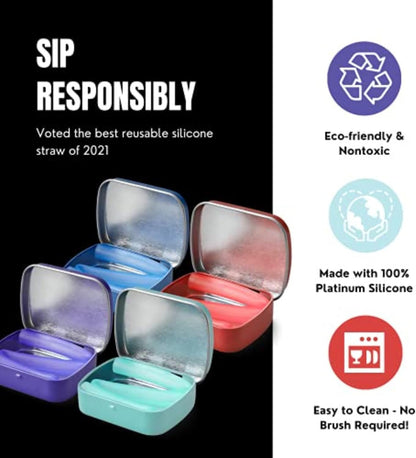 GoSili 4 Pack Reusable Silicone Straws with Case, Flexible, Collapsible, Dishwasher Safe, No-brush Needed