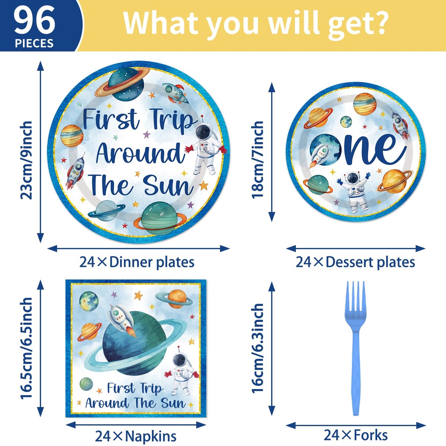 First Trip Around The Sun Decorations - 96PCS First Tirp Around The Sun Plates and Napkins Party Supplies Outer Space 1st Birthday Decorations Boy Disposable Paper Tableware Set Serves 24 Guests