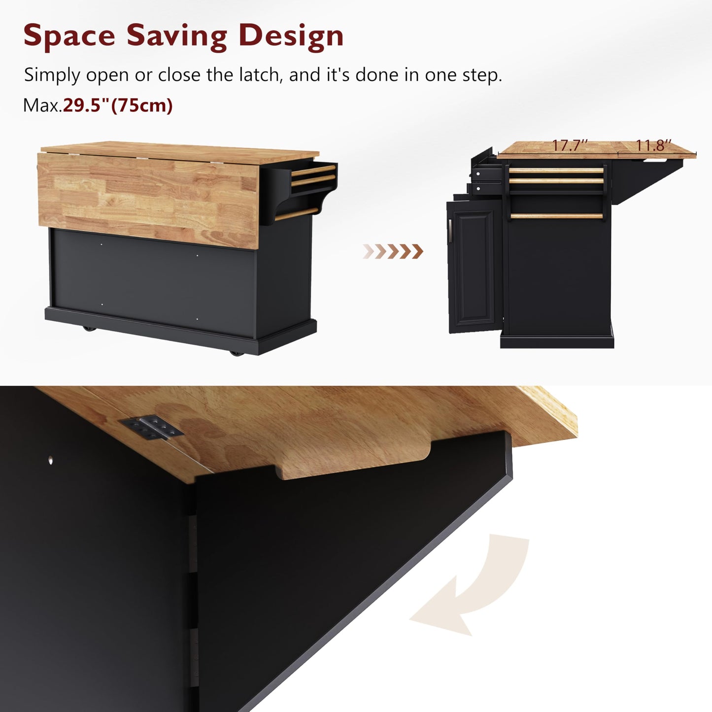 Ball & Cast Large Kitchen Island with Rubber Wood Drop Leaf,Embossed Texture Rolling Kitchen Cart On 4 Wheels W/4 Doors & 3 Drawers,Mobile Kitchen Islands W/ Storage for Kitchen,Dining Room,Black,54"