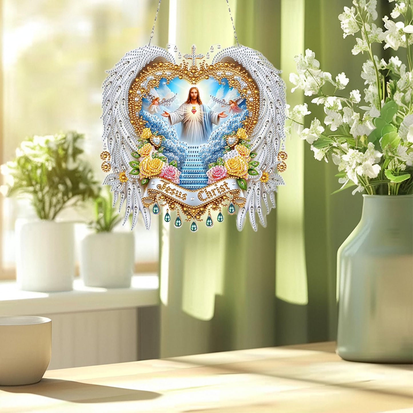 Diamond Art Hanging Kit for Adult,Special Shaped Rhinestone,DIY Acrylic Diamond Art Painting Window Pendants Home Garden Wall Hanging Kits Hanging Ornament,Double Sided (Jesus)