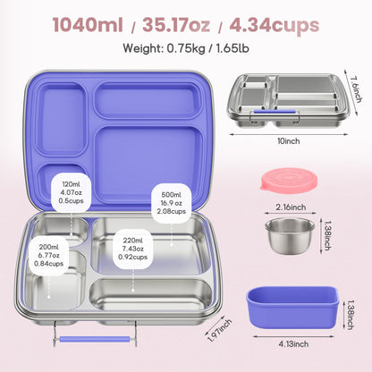 Eoika Stainless Steel Bento Box for Kids, Kids Lunch Box with 4-Compartment, Metal Lunch Box with Silicone Container & Sauce Cup, Durable Lunch Box Containers for School and Office(Purple)
