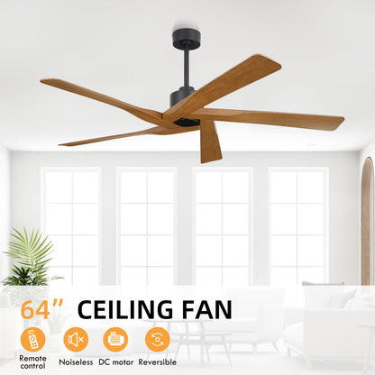 WINGBO 64" ABS DC Ceiling Fan No Light, 5 Blade ABS Plastic Ceiling Fan with Remote, 6-Speed Reversible DC Motor, Ceiling Fans without Light for Kitchen Bedroom Living Room, Matte Black and Walnut