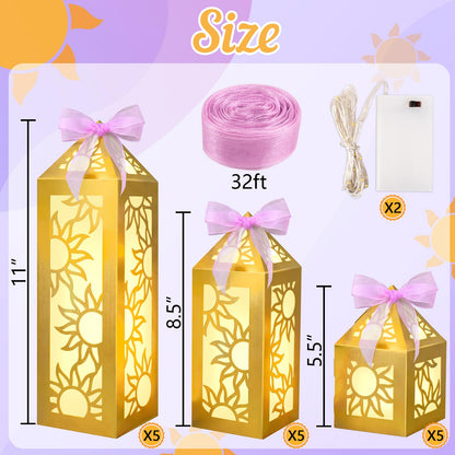 Renbuzhu 15PCS Princess Party Decorations Gold Sun Lanterns Centerpieces with LED Lights Ribbon for Girls Birthday Table Decor (Batteries Not Included)