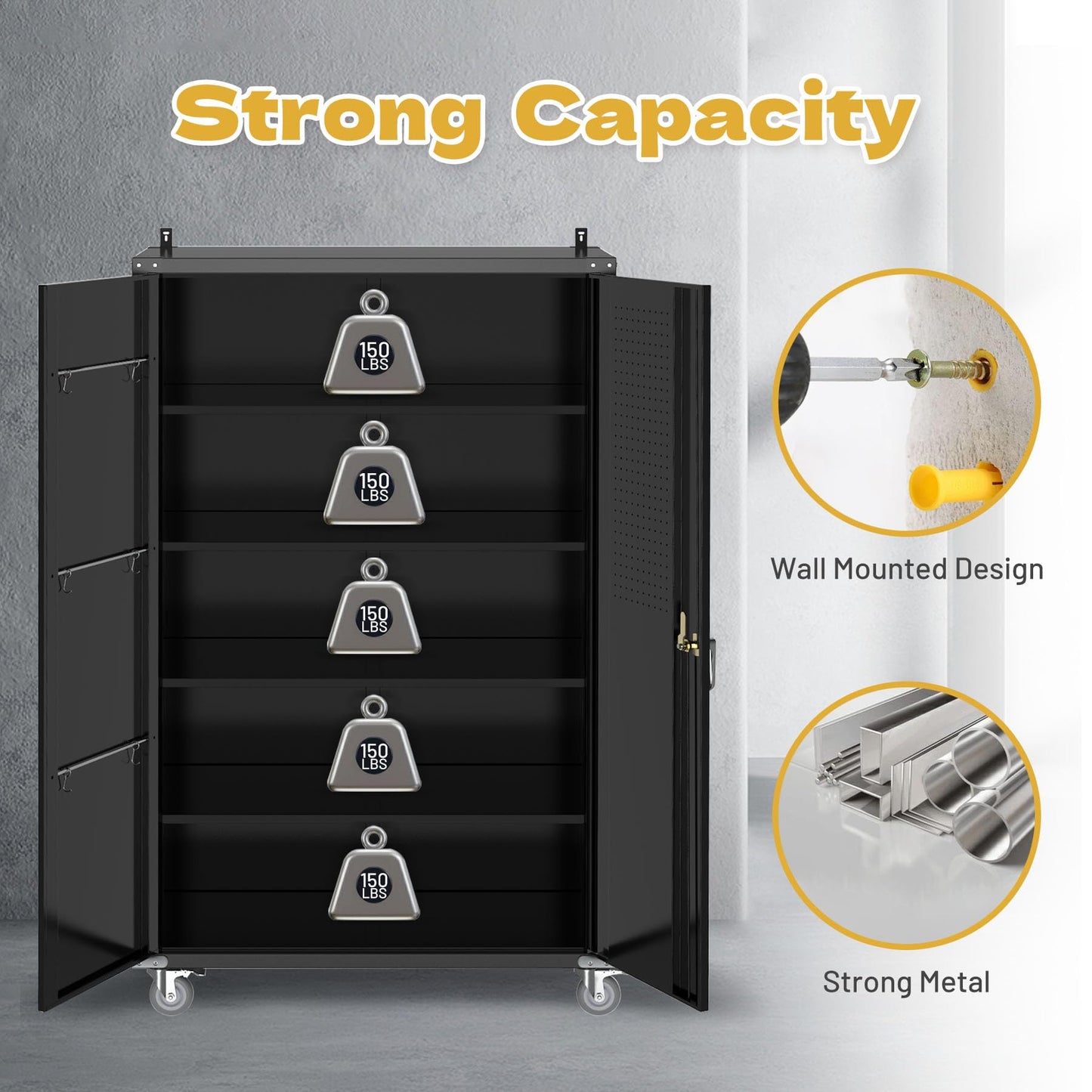 biosp 72" H Wide & Deep Garage Storage Cabinet with Wheels & Pegboards, Metal Storage Cabinet with Locking Door & Adjustable Shelves, Rolling Tool Cabinet for Garage, Shop, Office, 72"x43"x22"