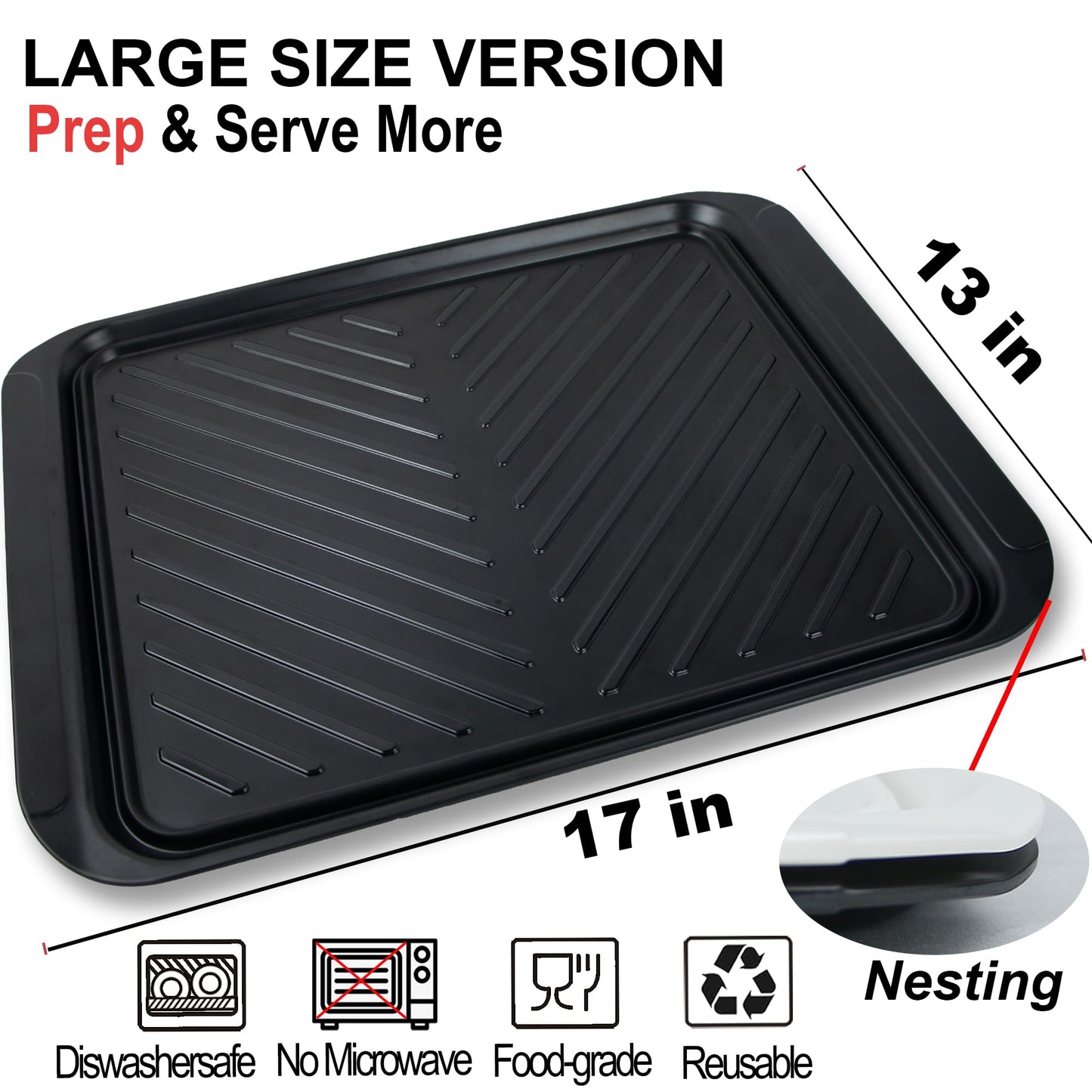 ECOIOU Extra Large Grilling Prep and Serve Trays, 17.3x13 inch BBQ Tray for Raw and Cooked Food, Melamine Serving Trays for Food, Set of 2, Black and White