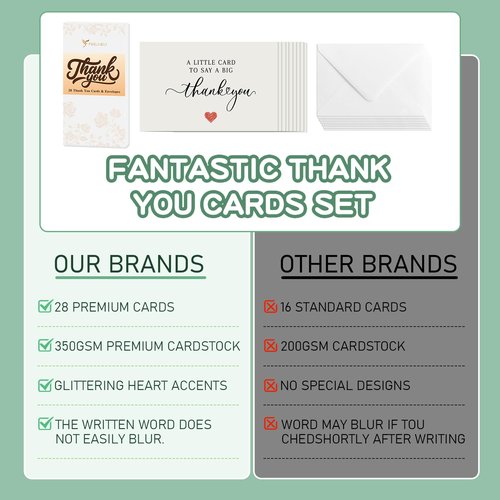 28 Pack 350GSM Thank You Cards with Envelopes, Glitter Heart Premium Greeting Cards, Pefect for Weddings, Baby Showers, Teacher Appreciation, Graduation, Small Business Gifts, Holiday & Christmas Thank You Notes