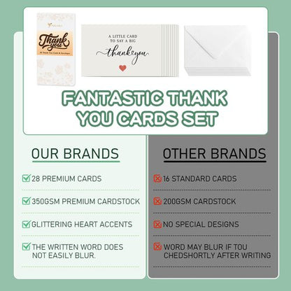 28 Pack 350GSM Thank You Cards with Envelopes, Glitter Heart Premium Greeting Cards, Pefect for Weddings, Baby Showers, Teacher Appreciation, Graduation, Small Business Gifts, Holiday & Christmas Thank You Notes