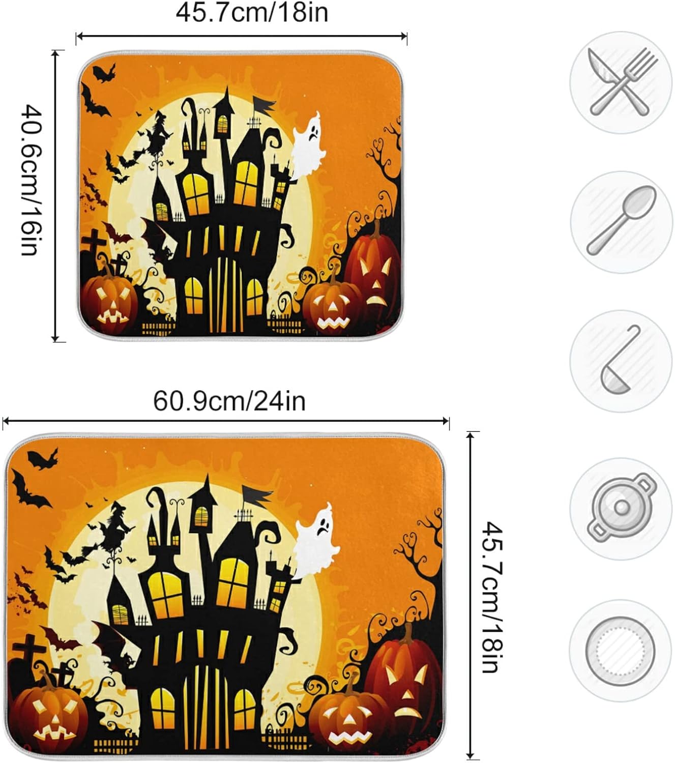 Halloween Dish Drying Mat, 18x24 Inch Scary Ghost on Tree Pumpkin Drying Pad for Kitchen Countertops