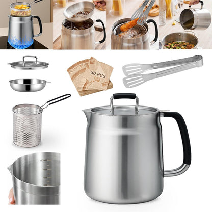 68oz 3-in-1 304 Stainless Steel Oil Filter Pot with Fine Mesh Oil Strainer & Tong, Heat-Resistant Handle, 2LCapacity Bacon Grease Container for Kitchen & Camping,Multi-Functional Frying Oil Container.