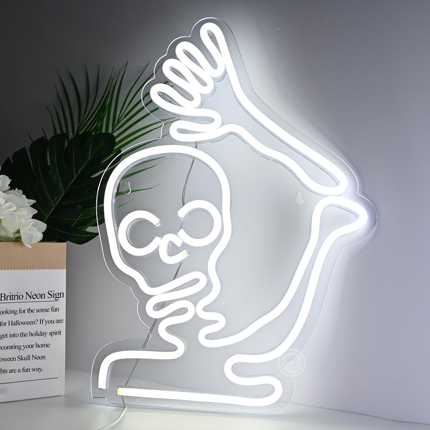 Britrio Skull Halloween Decoration LED Neon Sign Skeleton Wall Art Decor Light for Window Entryway Front Porch Door Bedroom Home Party Supply Kids Gift Cold White 5V Powered by Usb