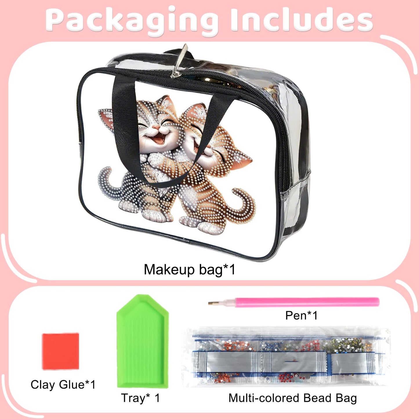 DIY diamond painting makeup bag kit, cheerful cat pattern sequined makeup storage bag with zipper, portable travel toiletries bag, as a handmade creative gift