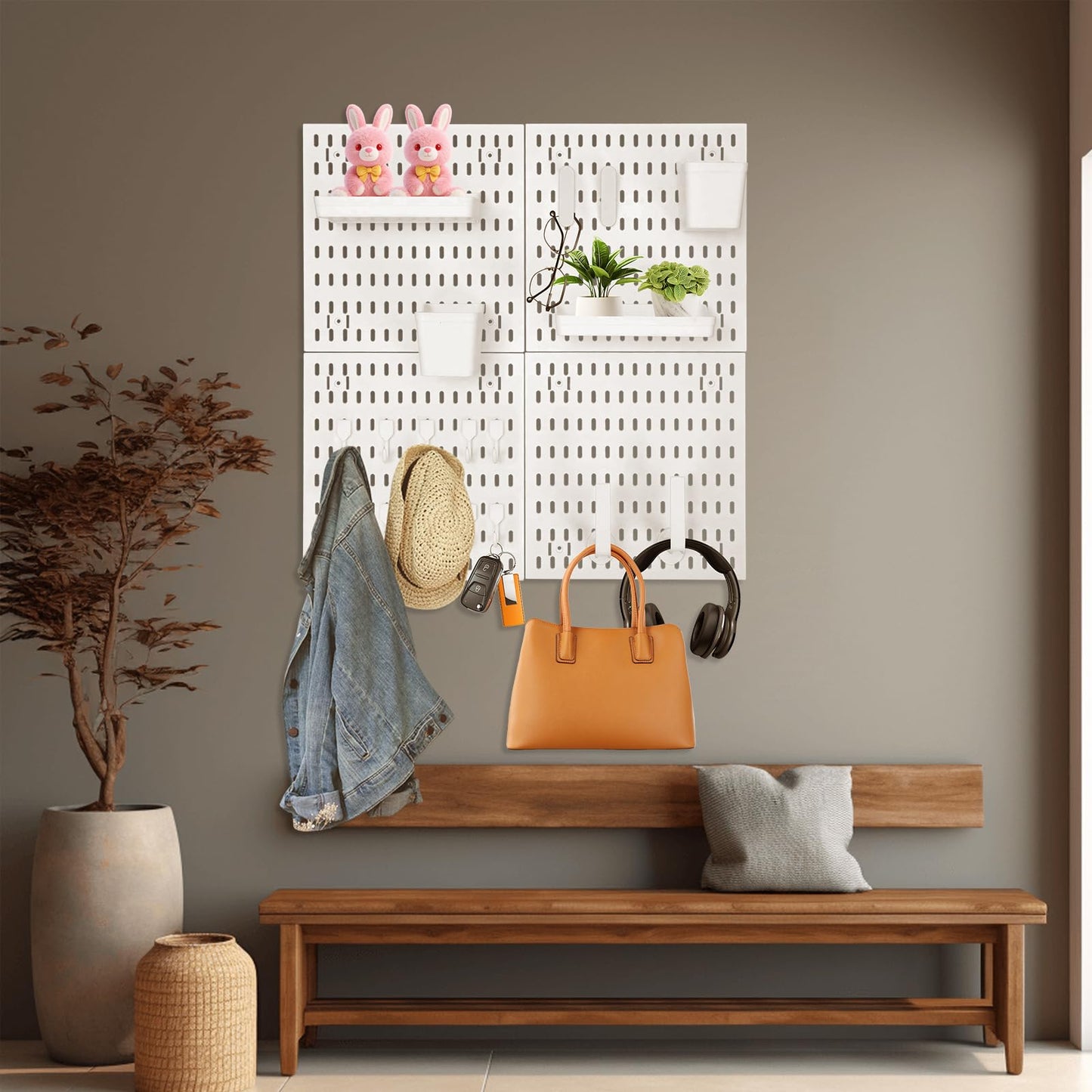4 Pack White Peg Boards with Hooks & Shelves,22pcs Kits Pegboard Wall Organizer Set–Pegboard Wall Display Rack for Office, Kitchen, Gaming Room Desk Pegboards Storage