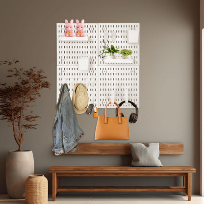 4 Pack White Peg Boards with Hooks & Shelves,22pcs Kits Pegboard Wall Organizer Set–Pegboard Wall Display Rack for Office, Kitchen, Gaming Room Desk Pegboards Storage