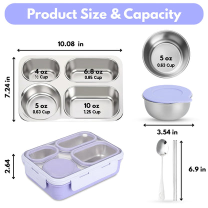 Homaze Kids Stainless Steel Bento Lunch Box, 4-Compartment Food Container with Condiment Cup, Chopsticks and Spoon, Leak-Resistant (Purple)