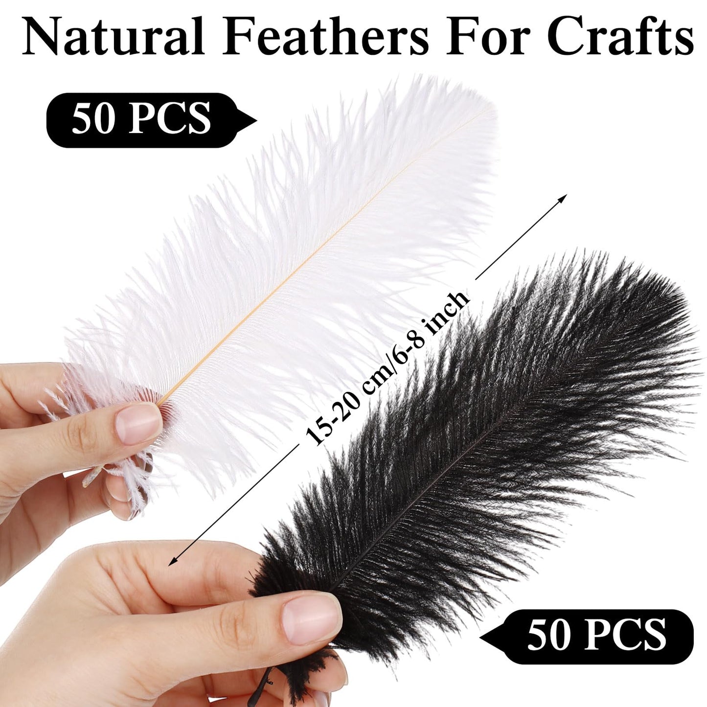 Crowye 100 Pcs Ostrich Feathers Bulk for Centerpieces Craft Ostrich Feathers for Masquerade Vase Wedding Party Home Costume Decorations (6-8 Inch,Black,White)
