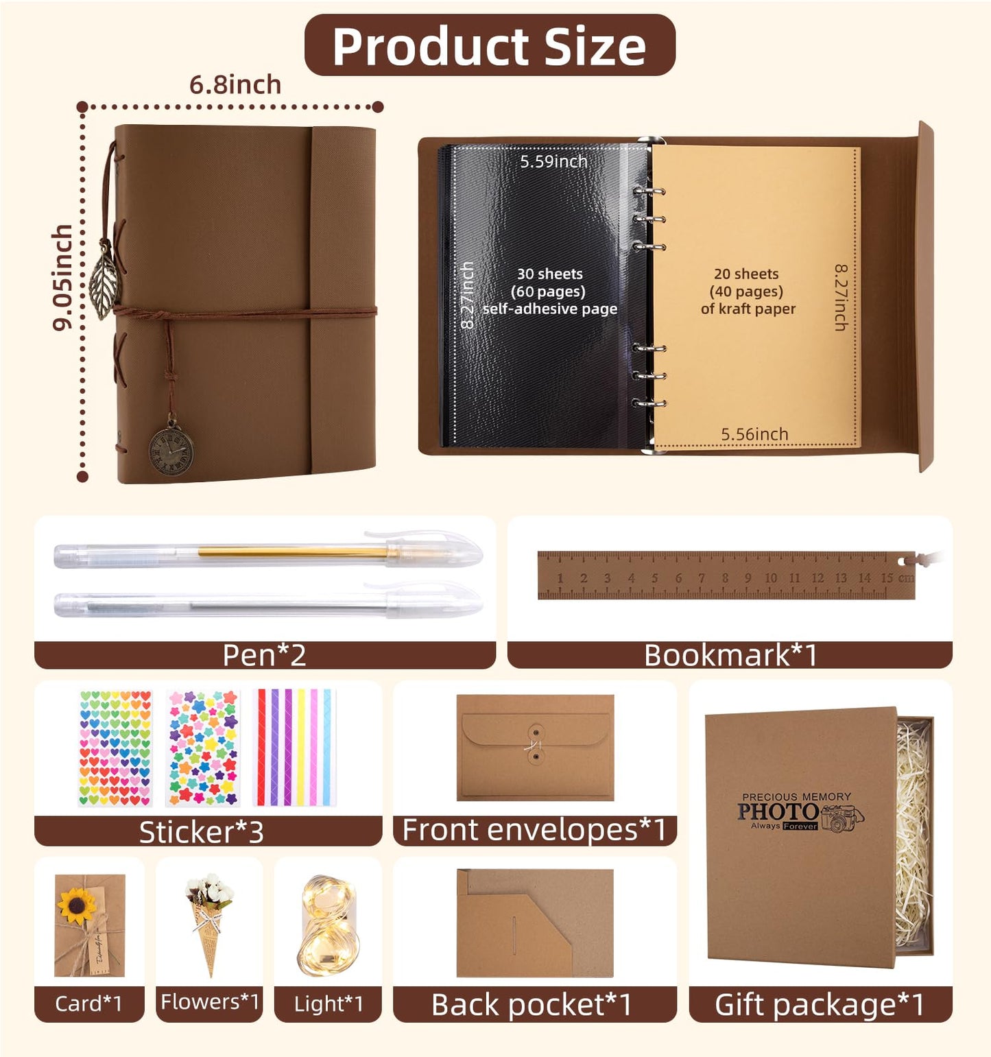 ALKALO Scrapbook Photo Album 100 Pages, 60 Page Self Adhesive+40 Page Kraft Paper DIY Photo Book for 2x3 3x5 4x6 5x7 Pictures, Leather Memory Book for Wedding Baby Family Travel Birthday Christmas